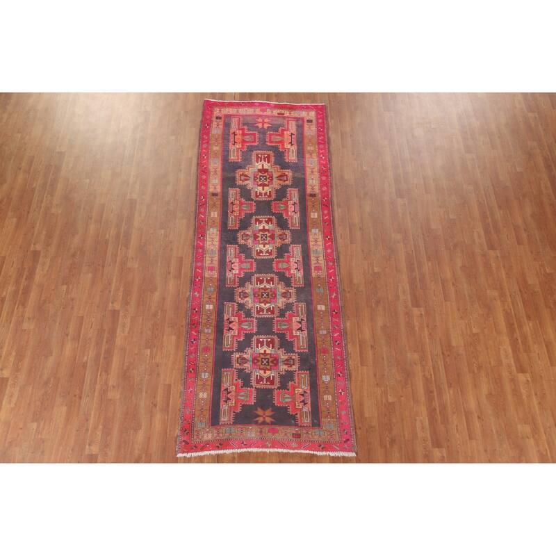 Hand Knotted Oriental 100% Wool Carpet Traditional Geometric Greys & Charcoal Meshkin Runner Rug - 10' 3'' X 3' 10''