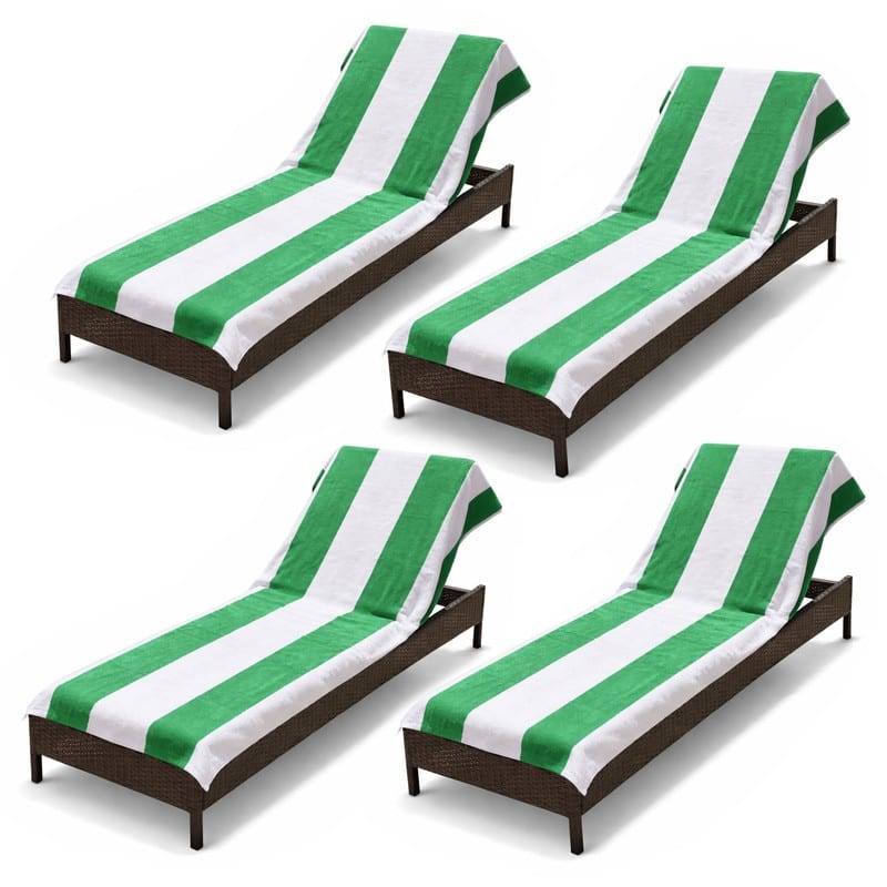 100% Cotton Cabana‑Stripe Lounge Chair Cover Terry Towel with Fitted Pocket & Back Flap Set of 4