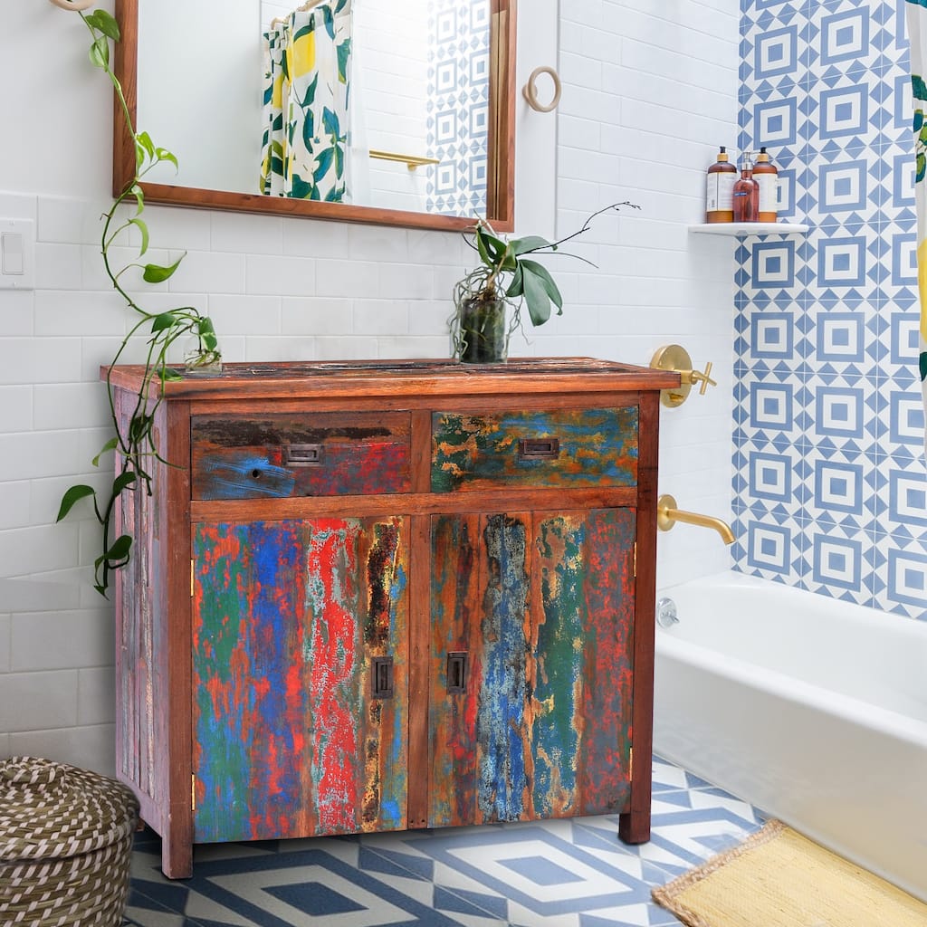 Marina Del Rey Recycled Teak Wood Linen Cabinet with 2 doors and 2 drawers