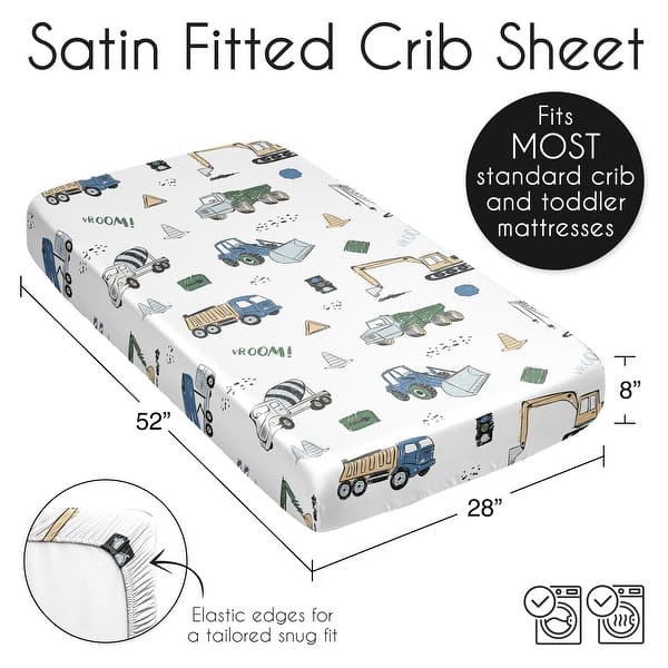 Sweet Jojo Designs Green Blue Construction Truck Boy Satin Fitted Crib Sheet Transportation Zone Vehicles Bulldozer Crane Yellow