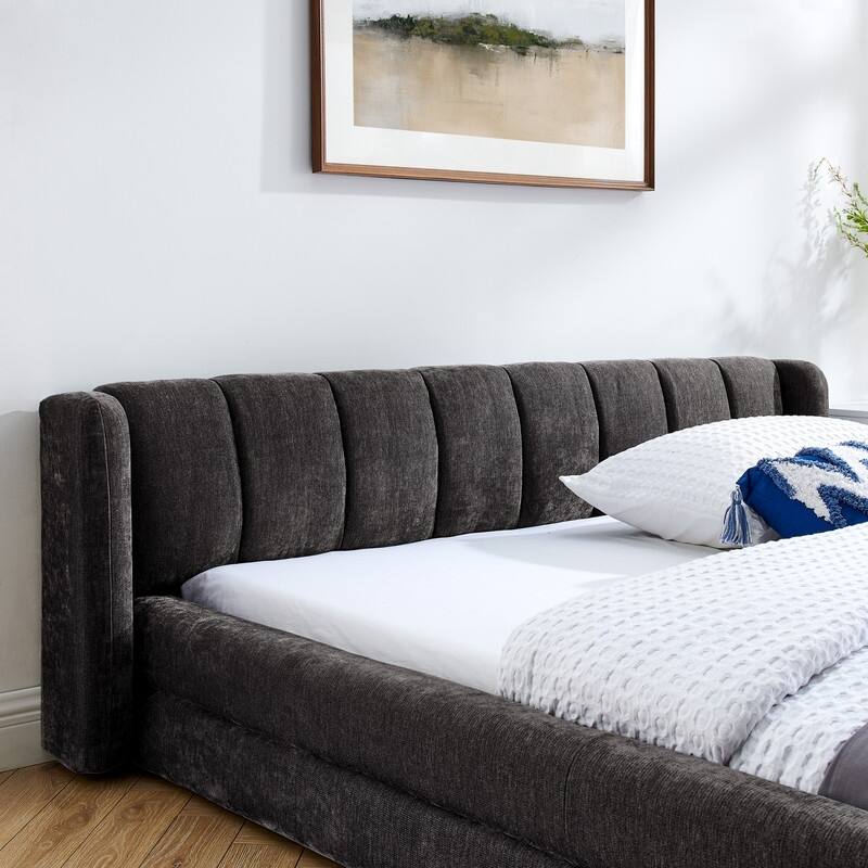 Queen-Sized Chenille Upholstered Bed with Headboard and Solid Frame.