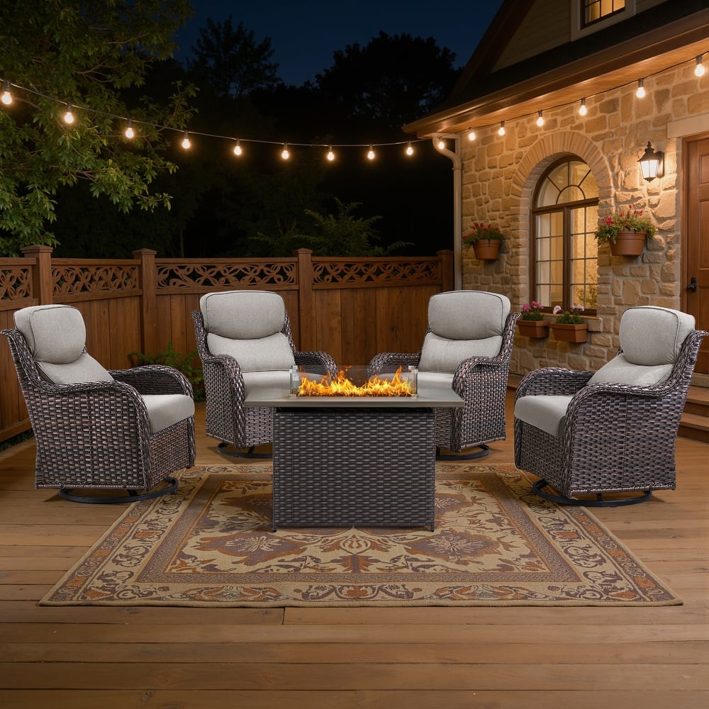 Meyreso 5-Piece Outdoor Patio Wicker Fire Pit 4 person Conversation Set with 5-Inch Thick Cushions