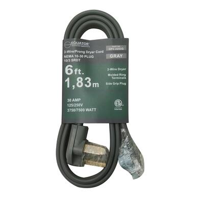Equator 30A 6 ft 3/4 - Prong Dryer Power Cord Grey/Black