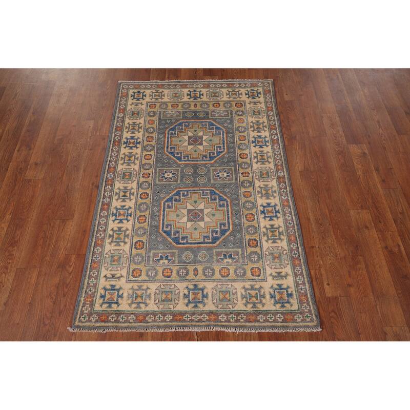Grey Traditional Kazak Accent Rug Hand-Knotted Wool Carpet - 2'9" x 4'2"
