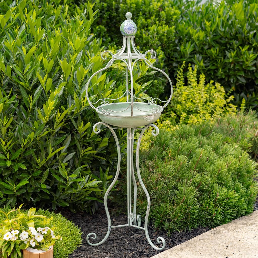 45 Inch Tall Standing Green Iron Birdbath with Ceramic Sailor Ball - 14.57x14.57x44.88