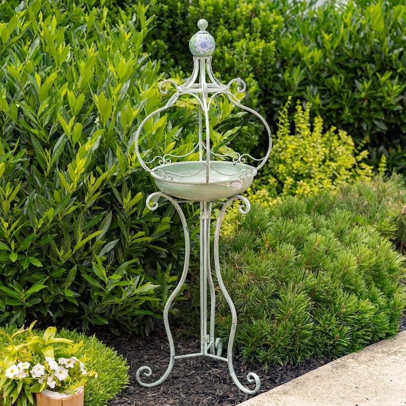 45 Inch Tall Standing Green Iron Birdbath with Ceramic Sailor Ball - 14.57x14.57x44.88