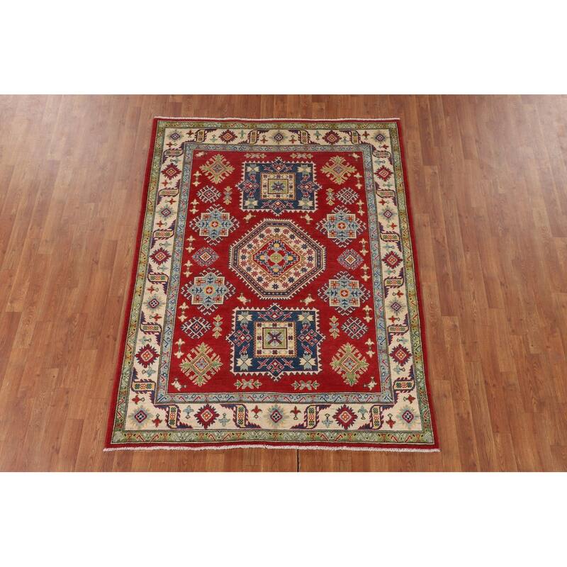 Traditional Red Kazak Oriental Area Rug Hand-Knotted Wool Carpet - 5'1" x 6'9"