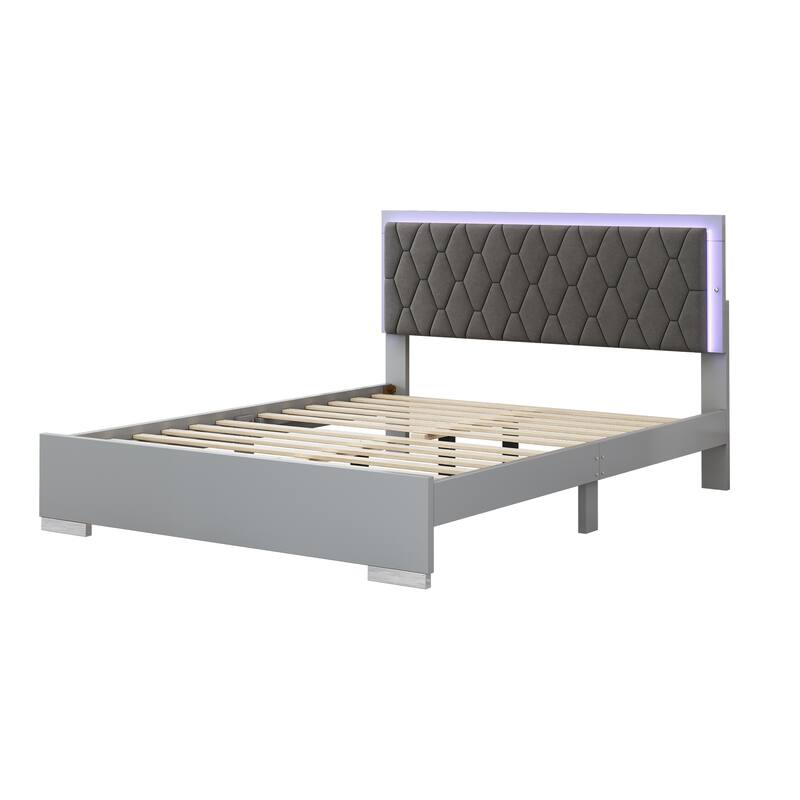 Elegant Queen Platform Bed with LED Lights, Velvet Headboard, and Sturdy Frame