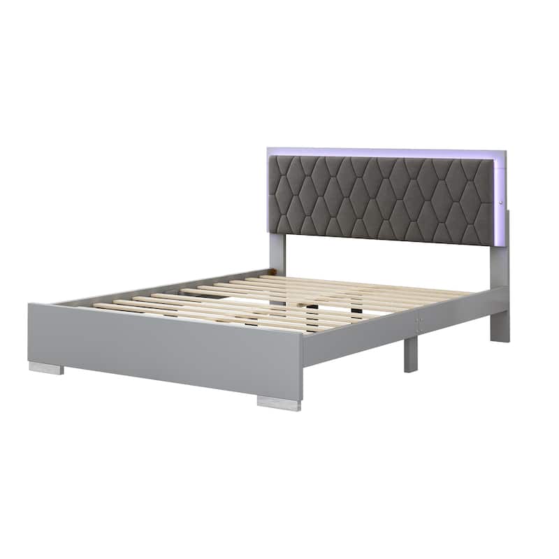Queen Platform Bed with LED Lighting & Velvet Headboard - Sleek and Comfortable Design