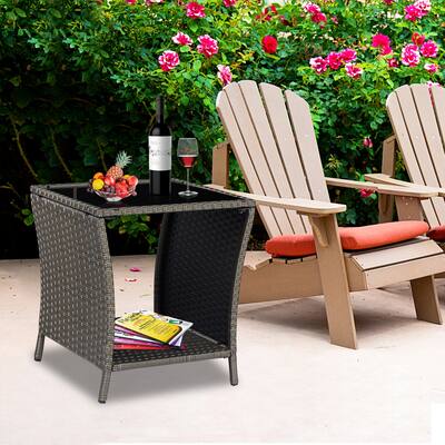 Kinbor Glass Top Outdoor Wicker Patio Coffee Table w/ Storage