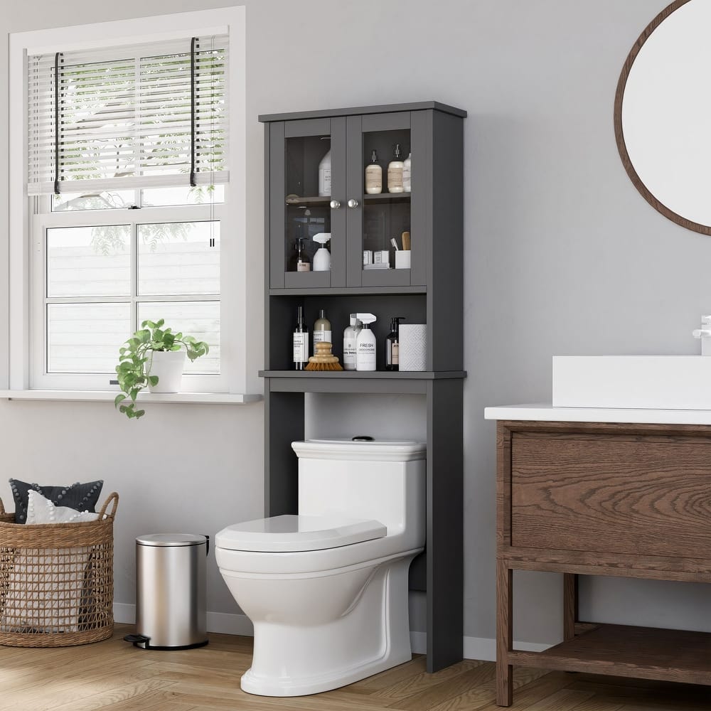 Futzca Over The Toilet Storage Cabinet with Adjustable Shelf & Glass Door - N/A