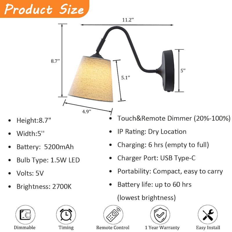 W6" Battery Operated Wall Sconces Dimmable Integrated LED Rechargeable Cordless Swing Head Wall Lamp for Bedroom