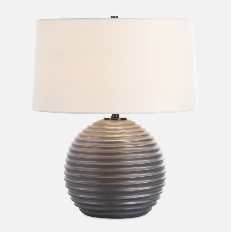 Ribbed Texture Ceramic Table Lamp with White Drum Shade - 22" - Gray