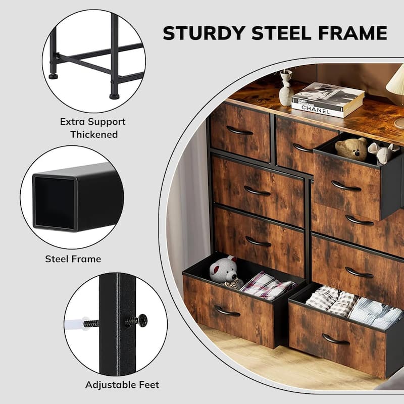 Dresser for Bedroom with 9 Drawers, Anti-Tip Tall Fabric Chests Storage Organizer Tower Furniture with Wooden Top Metal Frame