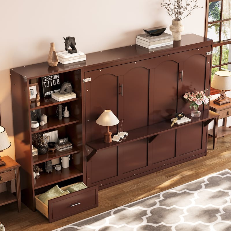 Queen Size Murphy Bed with Height Adjustable Storage Compartments and Shelf With 1 Drawer for Bedroom