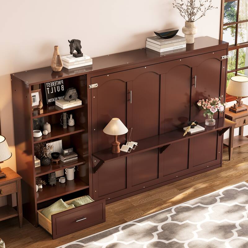 Wooden Murphy Bed Queen Size, Storage Murphy Cabinet Bed with Shelves, Drawers and Desk, No Box Spring Needed