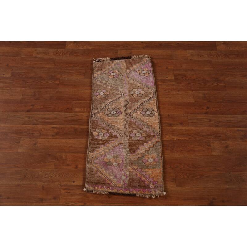 Hand Knotted Oriental 100% Wool Carpet Transitional Tribal Brown Anatolian Runner Rug - 2' 10'' X 1' 3''