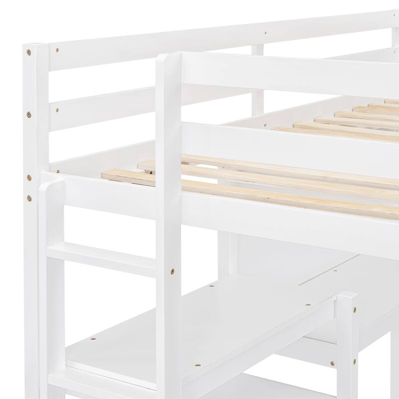 Wooden Twin/Full Size High Loft Bed with Built-in Desk and Shelves