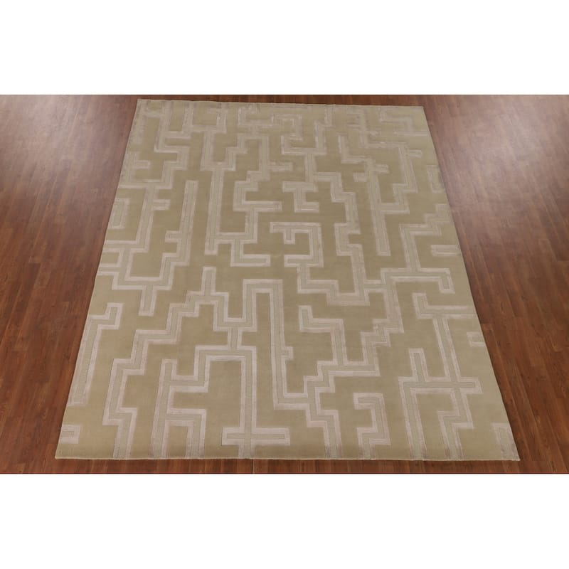 Geometric Nepalese Oriental Area Rug Handmade Wool Carpet Beige - 8'1" x 9'11"