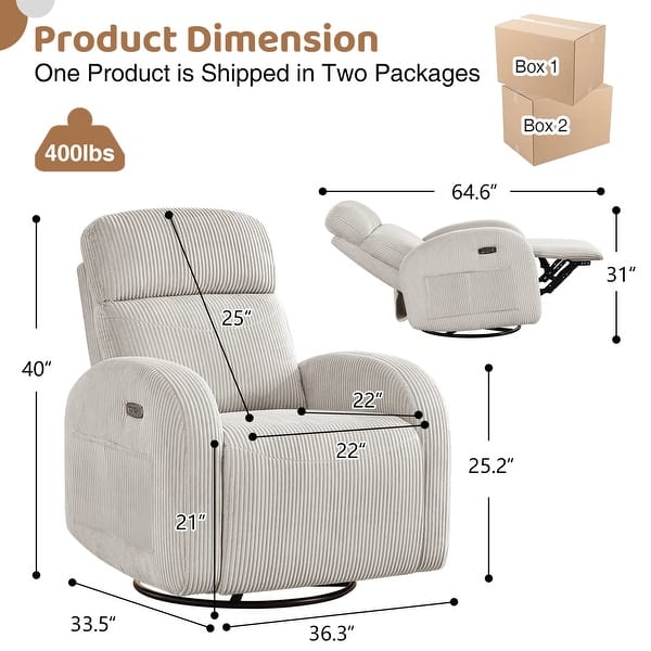 dimension image slide 7 of 12, Power Swivel Rocker Glider Nursery Recliner with USB Port Set of 2