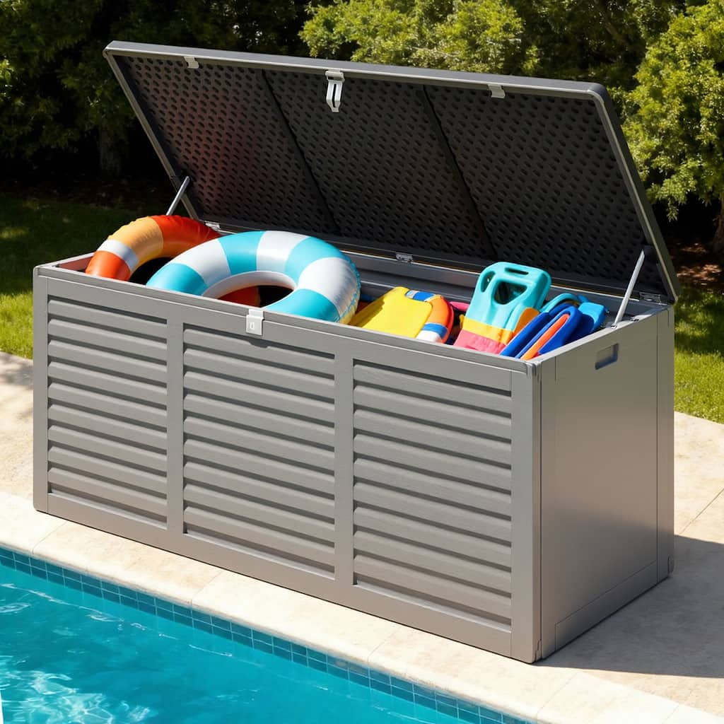 130 Gal. Upgraded Resin Deck Box, Outdoor Storage Box Waterproof with Hydraulic Rod and Side Handle, Lockable