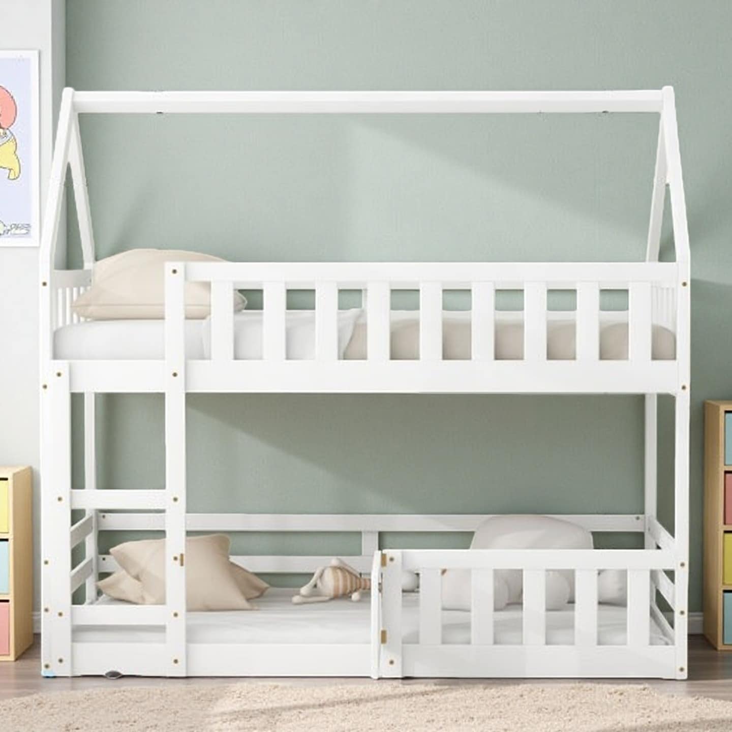 Twin House-Shaped Bunk Bed with Fence and Play Door, Solid Pine Wood Frame, Low-Profile Design