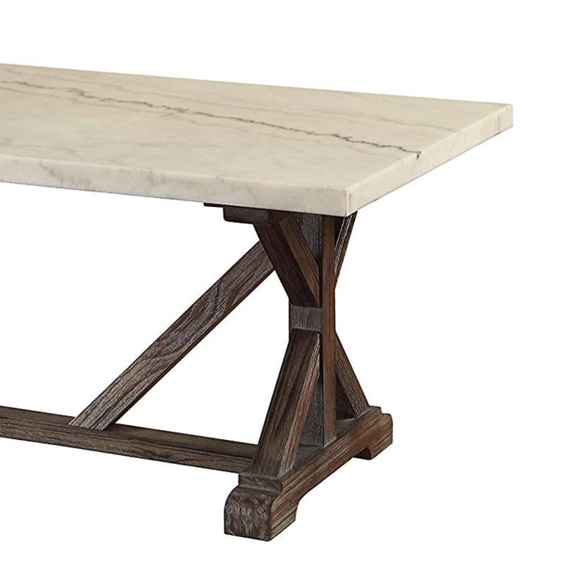 Marble Rectangle Shaped Coffee Table with Wooden Trestle Base, White and Espresso Brown