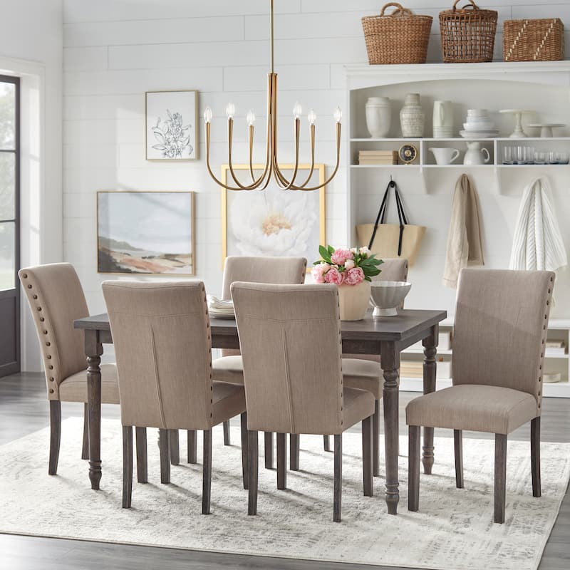 Simple Living Burntwood Parson Weathered Grey Upholstered 7-piece Dining Set - Grey