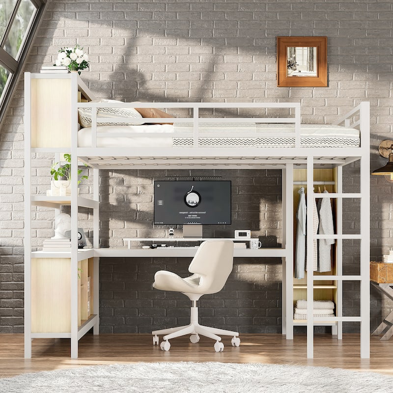 Heavy Duty Metal Loft Bed with Wardrobe and L Shaped Desk, Full/Queen Size High Loftbed Frame with Storage Cubes and Shelves - White Straight Grain - Queen