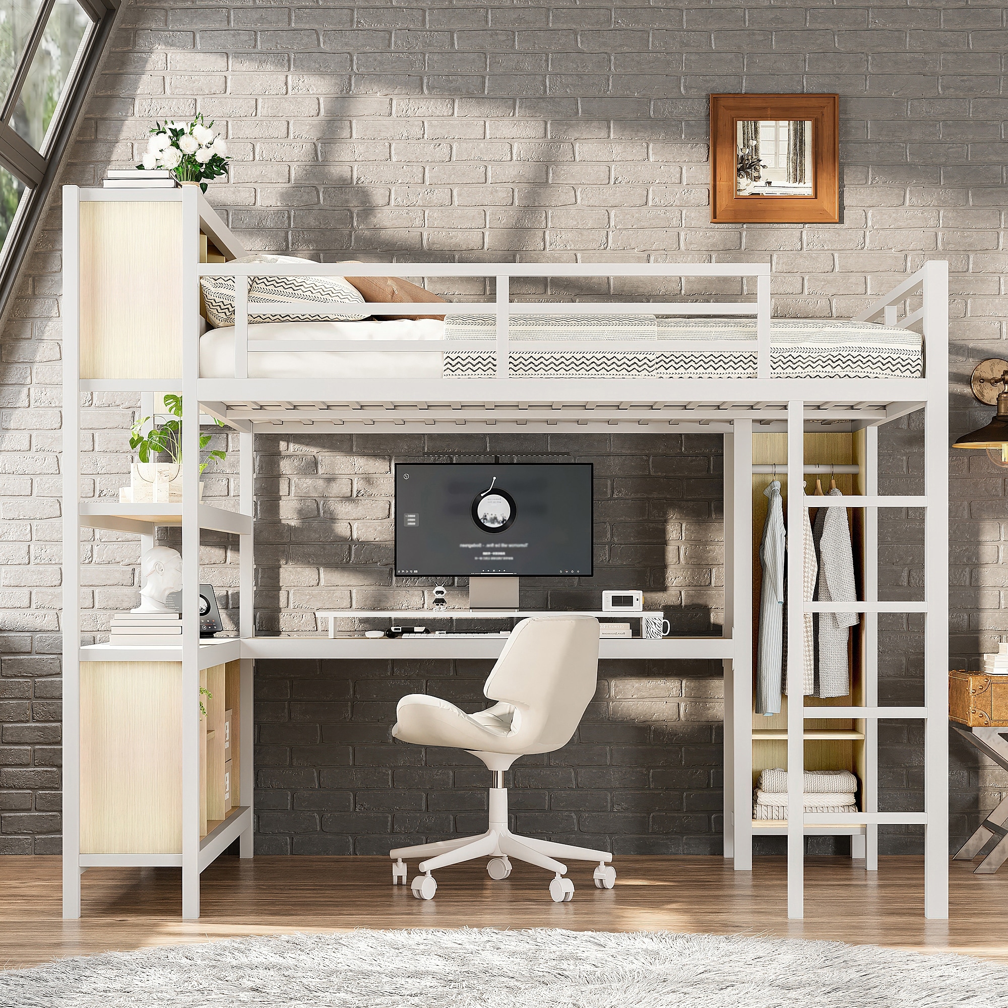 Metal Loft Bed with Wardrobe And L-shaped Desk, Queen Size Loft Bed with Storage Cubes and Shelves, Heavy Duty Loft Bed for Ki