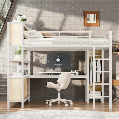 Queen Size Loft Bed with L-Shaped Desk - Industrial Metal Loft Bed Featuring Wardrobe & Storage Cubes for Small Spaces