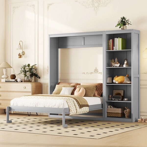 Elegant Design Queen Size Platform Bed Murphy Bed Wall Bed with Shelves Grey