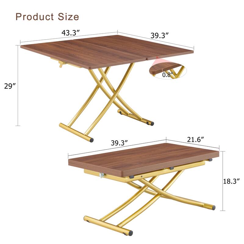 Modern Lift Table With 0.8-Inch Wood-Textured MDF Top & Black Metal Legs; Functions As Dressing, Coffee, Dining, Or Office Desk.