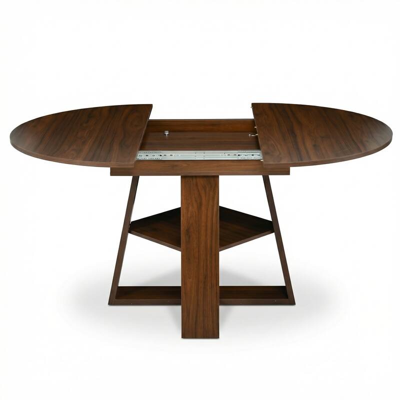 43.3in-59in Extendable Round Dining Table for 4-8, Oval Dining Table with Removable Leaves Space Saving with Storage Shelf