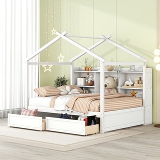 House Bed Wood Platform Bed Frame with 6 Storage Shelves and 2 Drawers, House-Shaped Kids Bed for Boys & Girls, Full