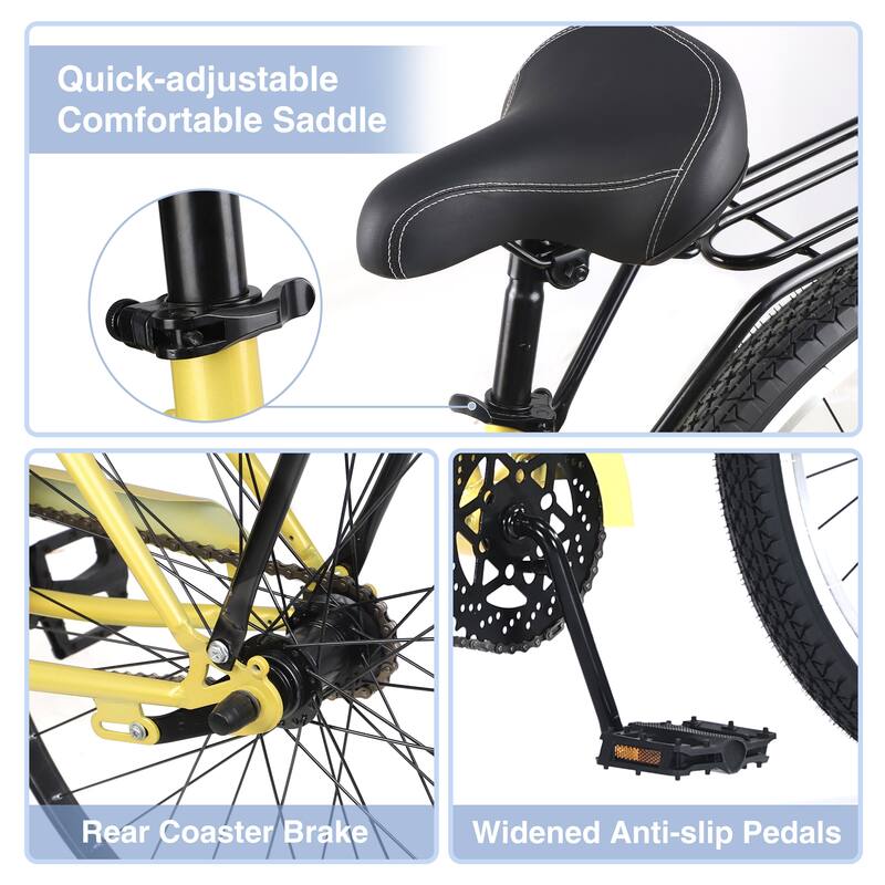 Single Speed 26"Inch,Steel Frame, Wide Wheels for Stability, Rear Coaster Brakes,Multiple Colors Men's Beach Cruiser Bike