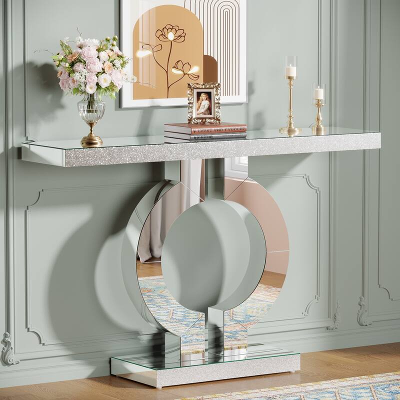 43"Modern Mirrored Console Table with O-Shaped Base, Silver Glass Entryway Table-Accent Sofa Table with Acrylic Diamond Veneer