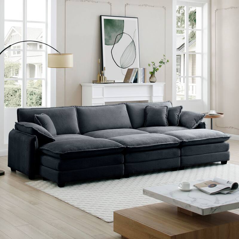 Grey 6-piece Corduroy Upholstered Modular Sleeper Sectional Sofa with 3 Removable Ottoman and 5 Pillows, Free Combination