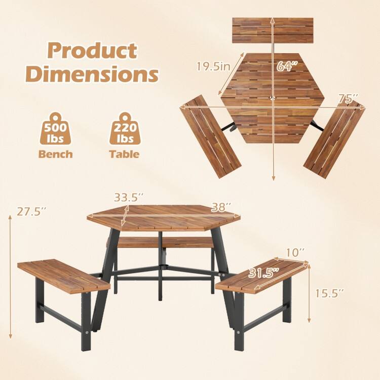 Brown and Black Acacia Wood Picnic Table Set with Metal Legs and Umbrella Hole - 75 x 65 x 27.5"