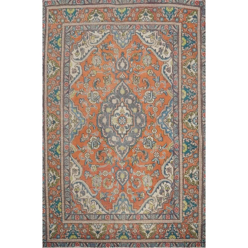 Hand Knotted Oriental 100% Wool Carpet Traditional Floral Oranges & Rust Tabriz Area Rug - 6' 0'' X 4' 6''