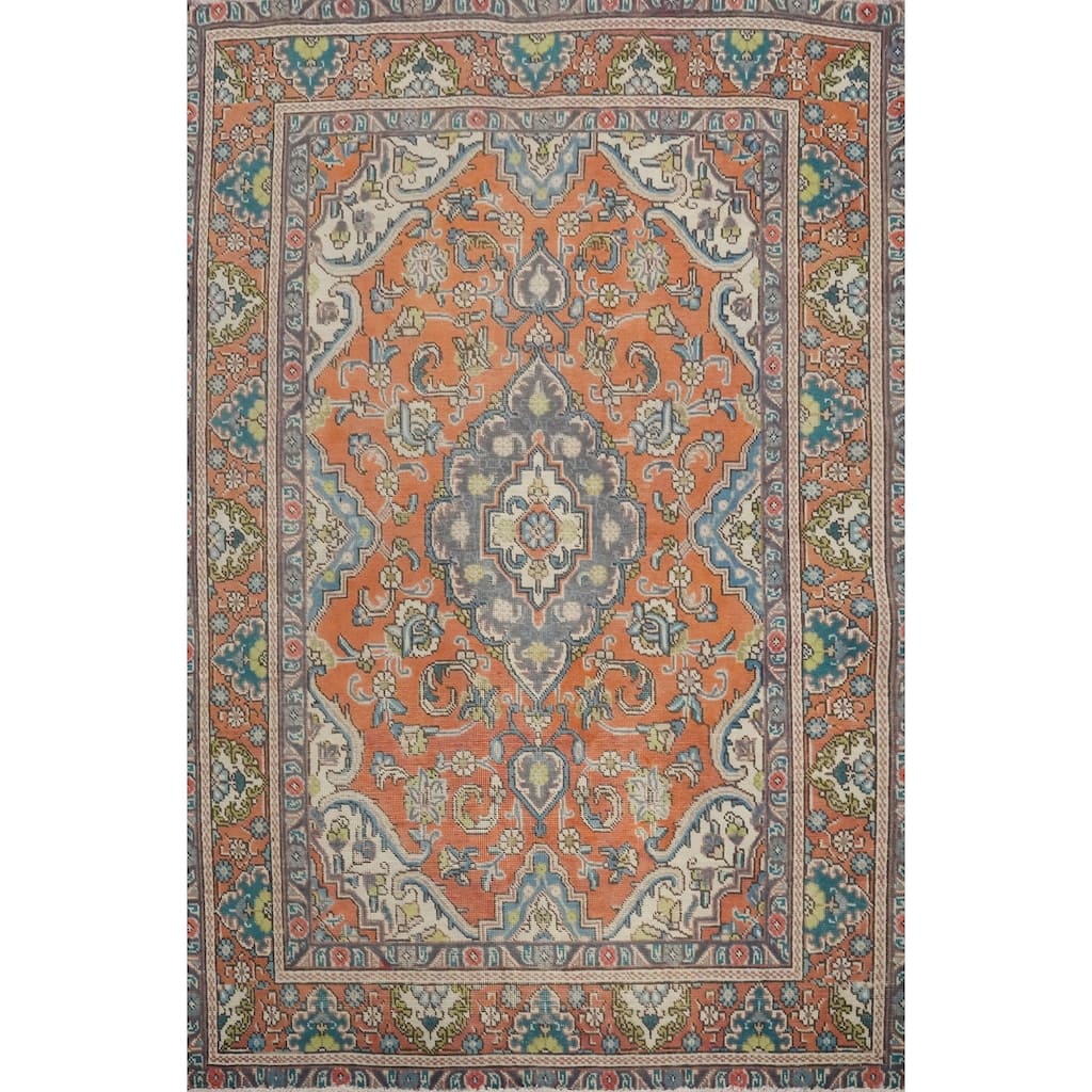 Hand Knotted Oriental 100% Wool Carpet Traditional Floral Oranges & Rust Tabriz Area Rug - 6' 0'' X 4' 6''