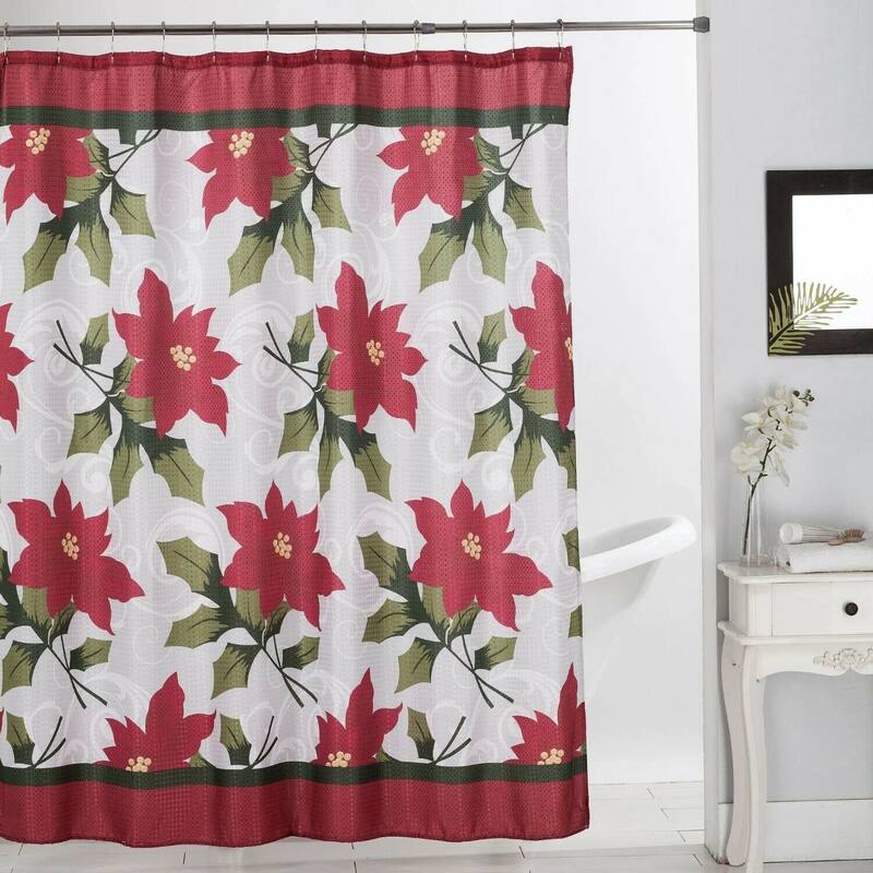 13 PC Christmas Shower Curtain Set with Metal Roller Hooks Dobby Printed Holiday Bathoom Décor - Joyful Poinsettia