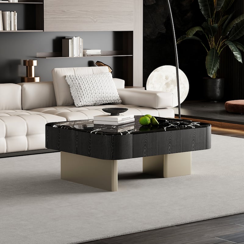 35.82" Modern Black Retangular Coffee Table with 2 Drawers, Faux Marble Top
