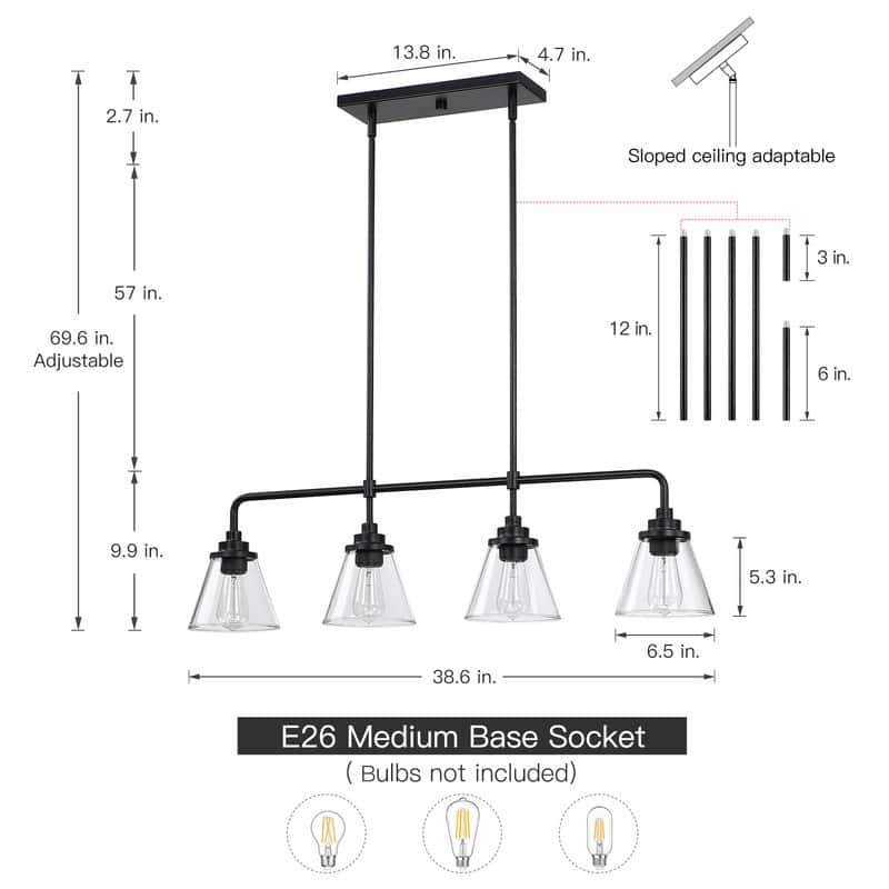 4-Light Black Kitchen Island Light Liner Chandelier - 38.6 in. W