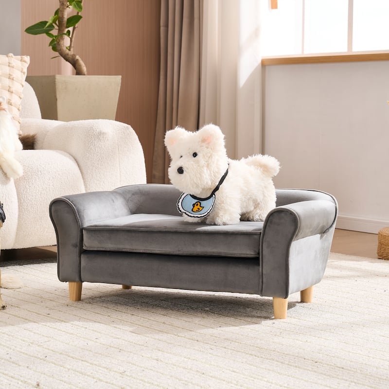 20.67" x 12" x 2.76" Pet Sofa Bed, Grey Velvet Cat Bed and Small Dog Couch with Rubberwood Legs