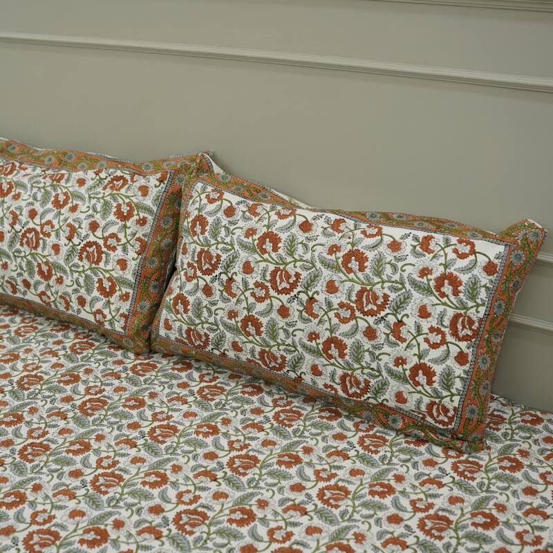 Fabdivine Cotton Hand Block Floral Flat Sheet Bed Room Home Décor Accent Gift