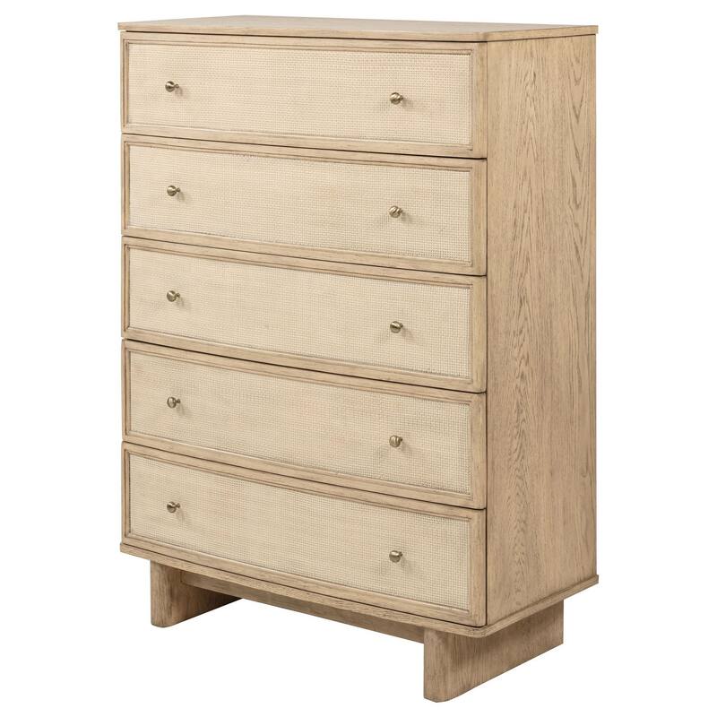 Lno Tall Dresser Chest, 5 Cane Accent Drawers w Brass Knobs, Oak Beige