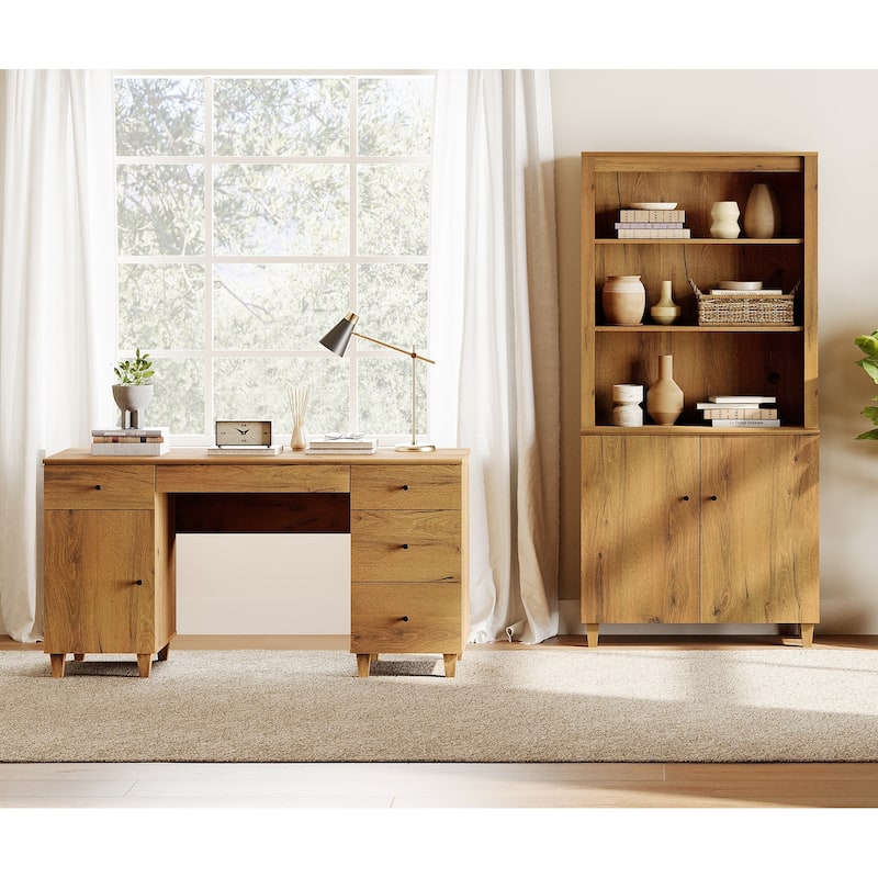 WAMPAT Home Office Furniture Set, 58" Executive Desk with Cabinet, 71" Tall Bookcase with Doors and Adjustable Shelves