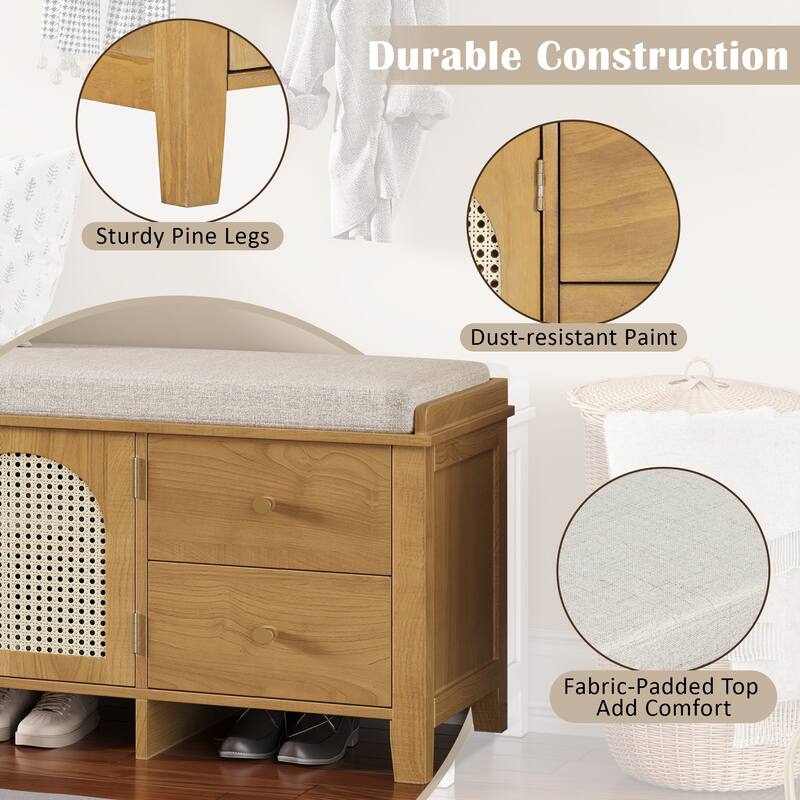 Storage Entryway Bench Wooden Shoe Bench with 2 Drawers, 2 Rattan Door & Removable Cushion for Living Room Entryway Hallway