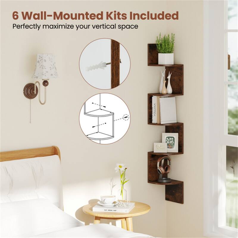 5-Tier Floating Corner Shelf Wall Mounted Organizer for Living Room Bedroom or Kitchen - 8" x 8" x 50"